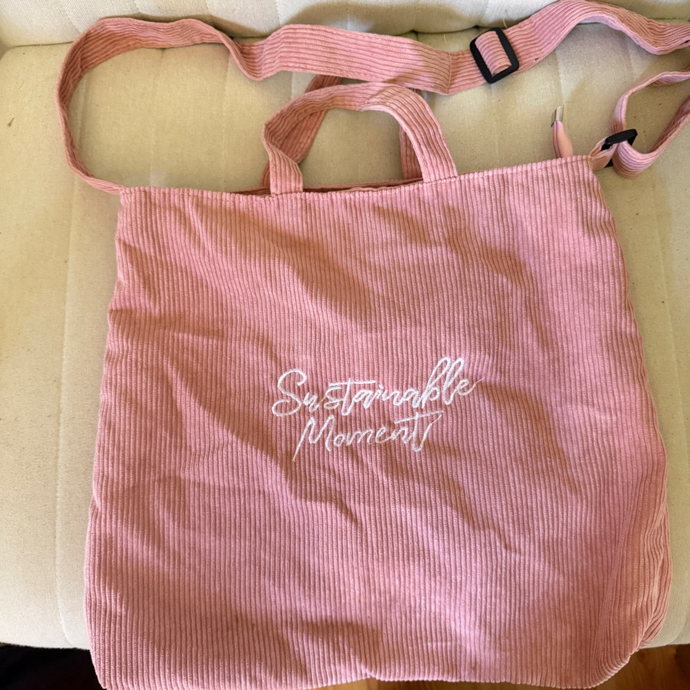 “Sustainable Moment” Embroidered Pink Corduroy Tote Bag